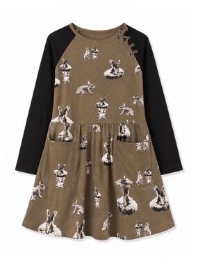Art & Eden Black & Khaki Green Long Sleeve Bunny Graphic Skater Dress Girls 8